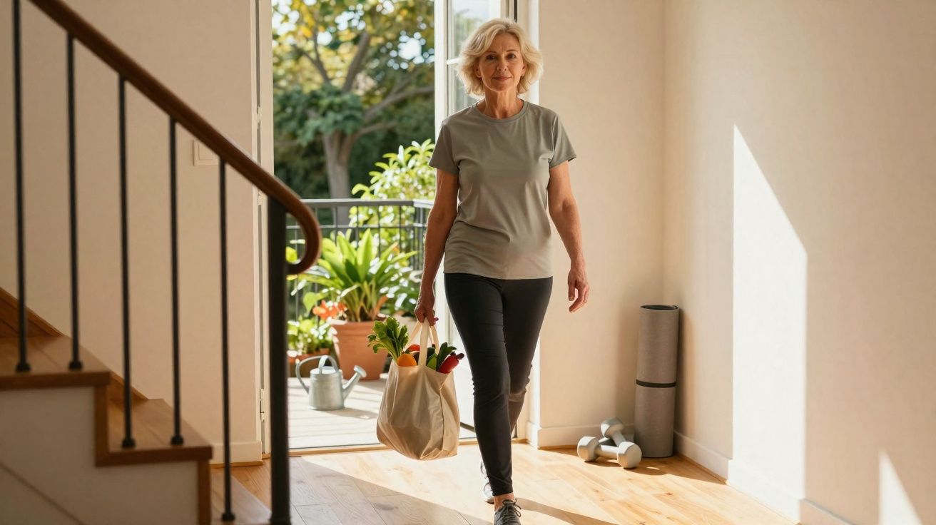 Mujer mayor caminando dentro de casa con bolsa de tela llena de frutas y verduras frescas.