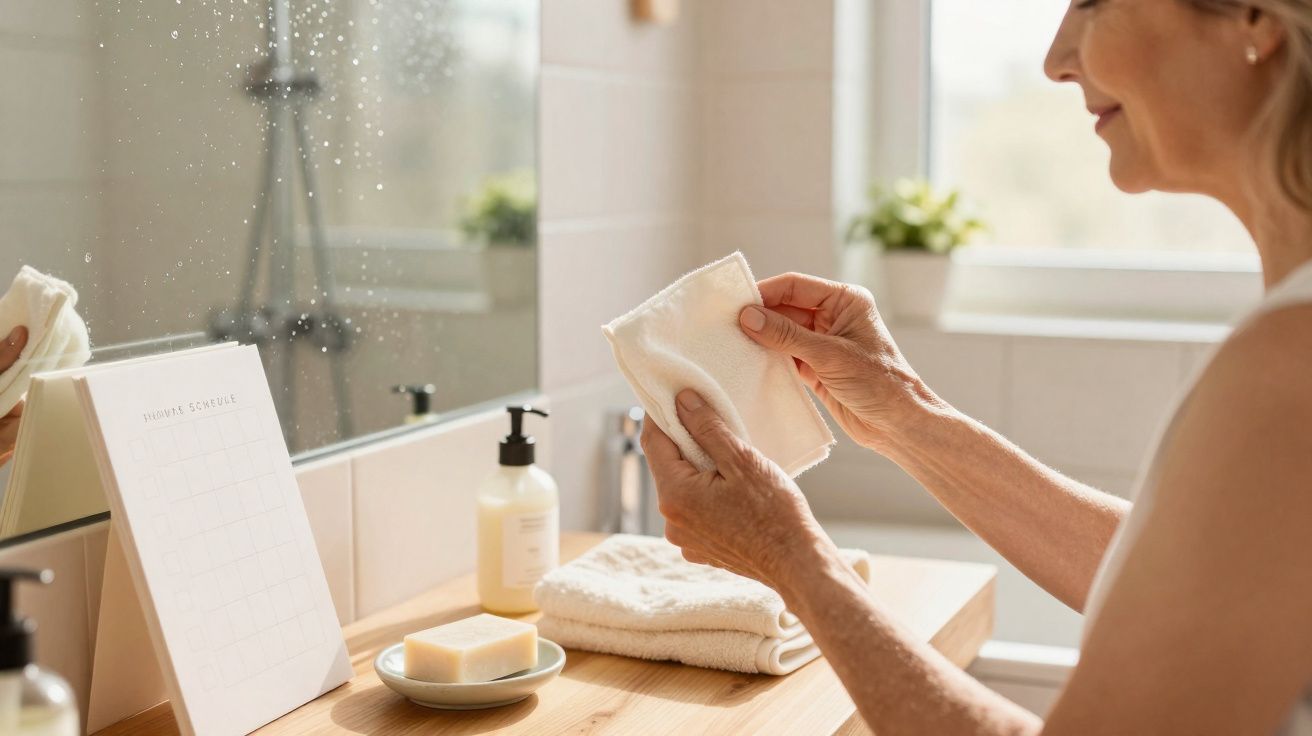 Mujer limpiando un espejo de baño con un trapo blanco junto a toallas y jabón sobre una encimera.