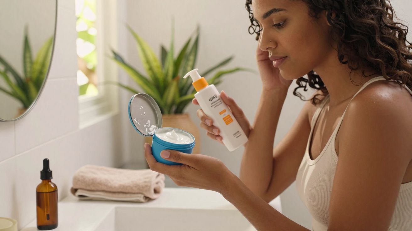 Mujer aplicándose crema facial frente al espejo en un baño con plantas decorativas.