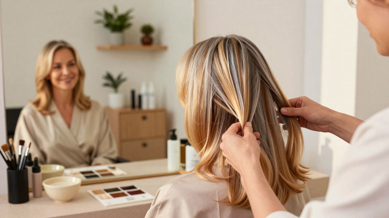 Mujer rubia mirando al espejo mientras estilista revisa las mechas de su cabello en salón de belleza.