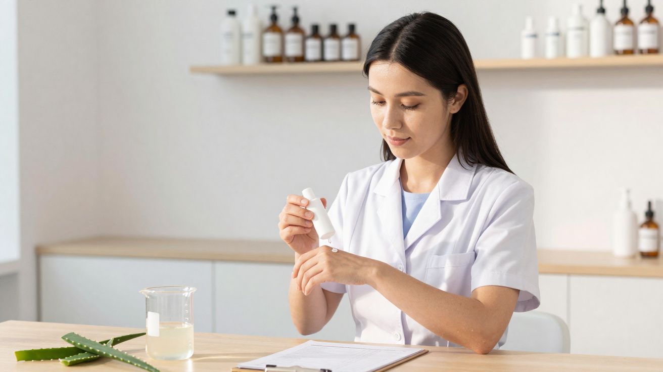 Mujer con bata blanca aplicada una crema en la mano en un laboratorio con plantas y frascos.