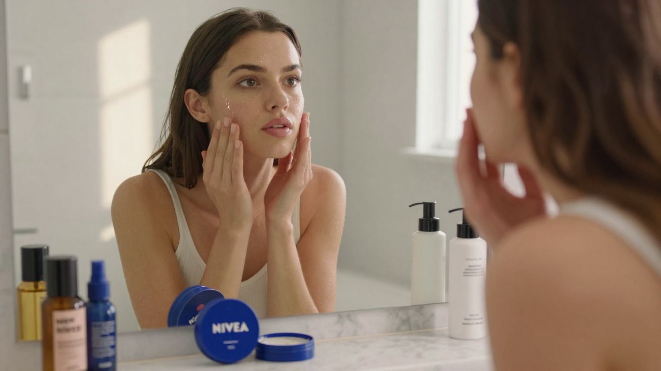 Mujer aplicándose crema facial frente al espejo en un baño con varios productos de cuidado de la piel.