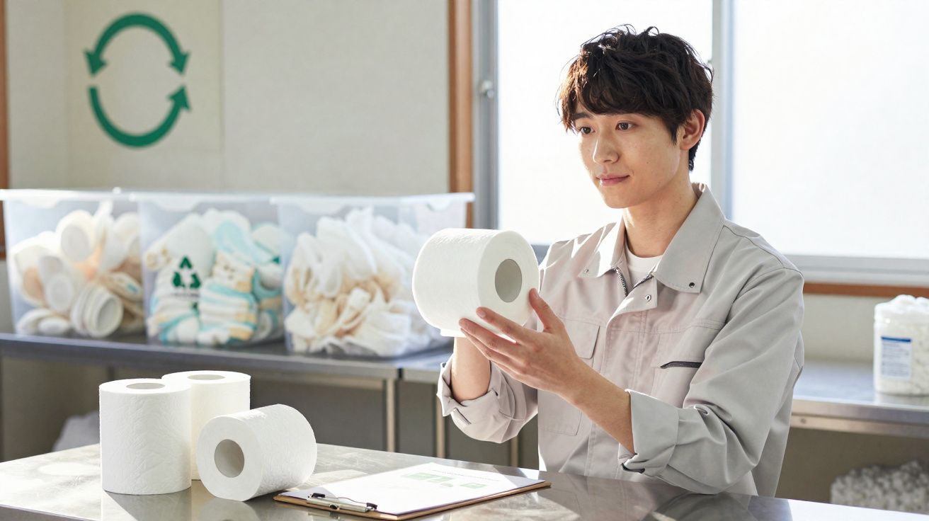 Hombre joven examinando un rollo de papel higiénico en una mesa con otros rollos y símbolo de reciclaje al fondo.