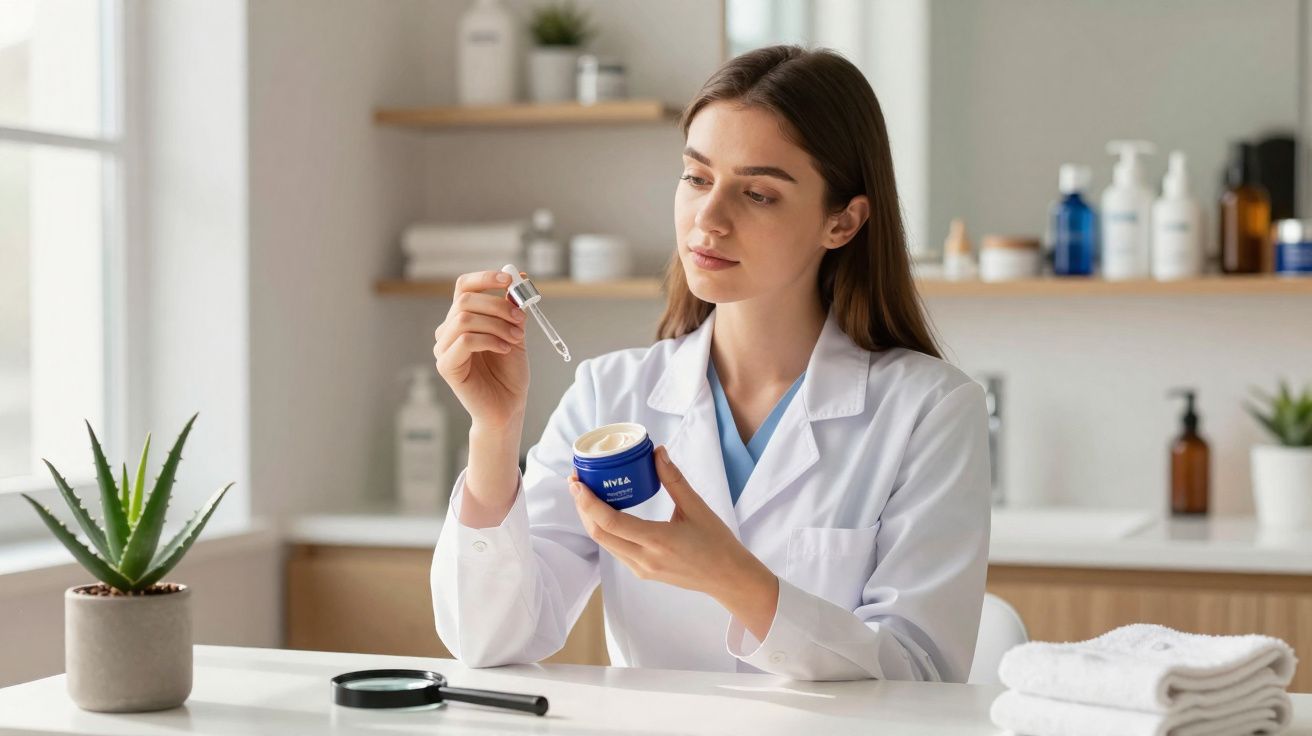 Mujer con bata blanca sosteniendo un bote de crema y un cuentagotas en un ambiente clínico.