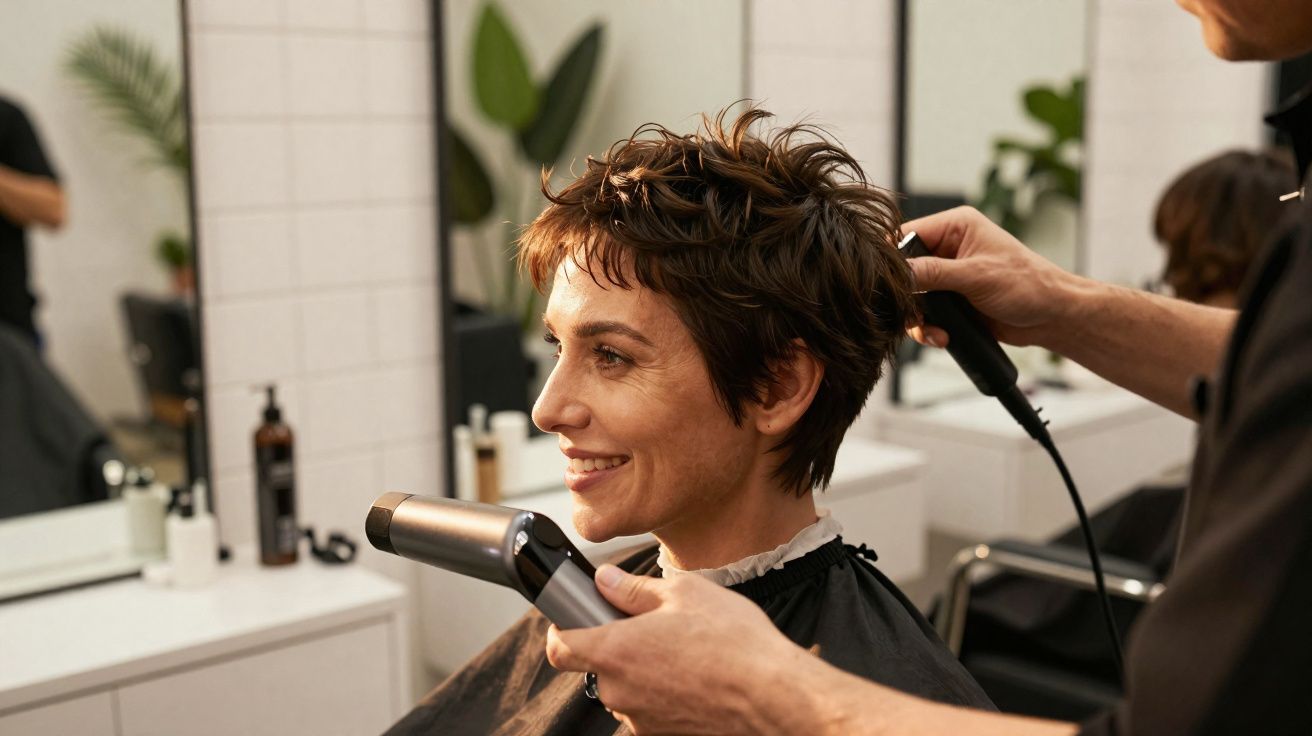 Mujer con corte de pelo corto siendo peinada con secador en peluquería moderna.
