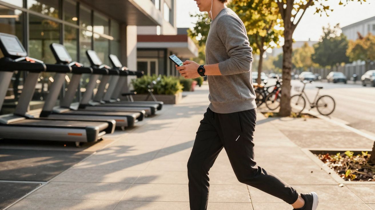 Persona joven corriendo al aire libre junto a una fila de cintas de correr frente a un gimnasio moderno.