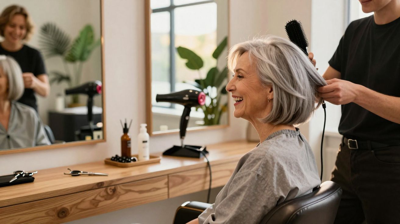 Mujer mayor sonriendo mientras le peinan el cabello en una peluquería moderna y luminosa.