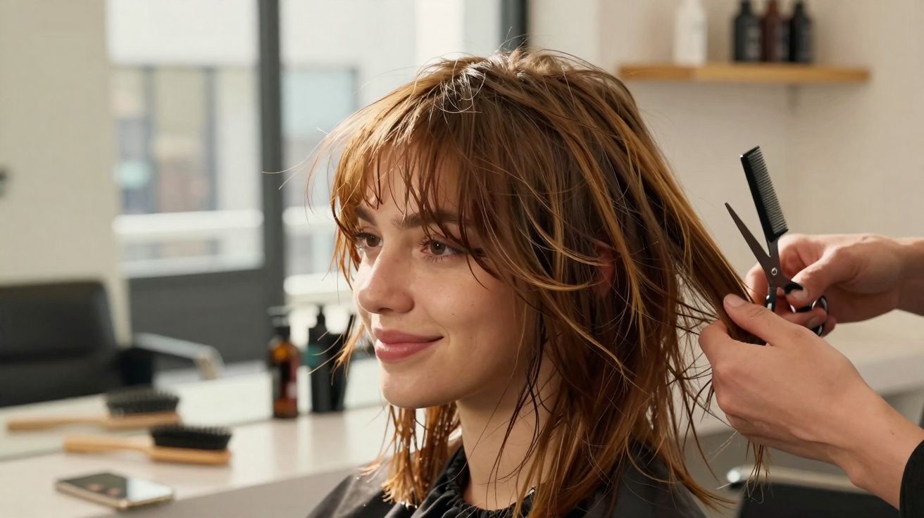 Mujer con cabello mojado recibiendo corte de pelo en peluquería moderna con herramientas y productos al fondo.