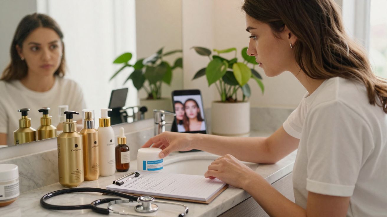Mujer consulta receta médica en baño mientras toca frasco de crema, con varias botellas y estetoscopio en lavabo.