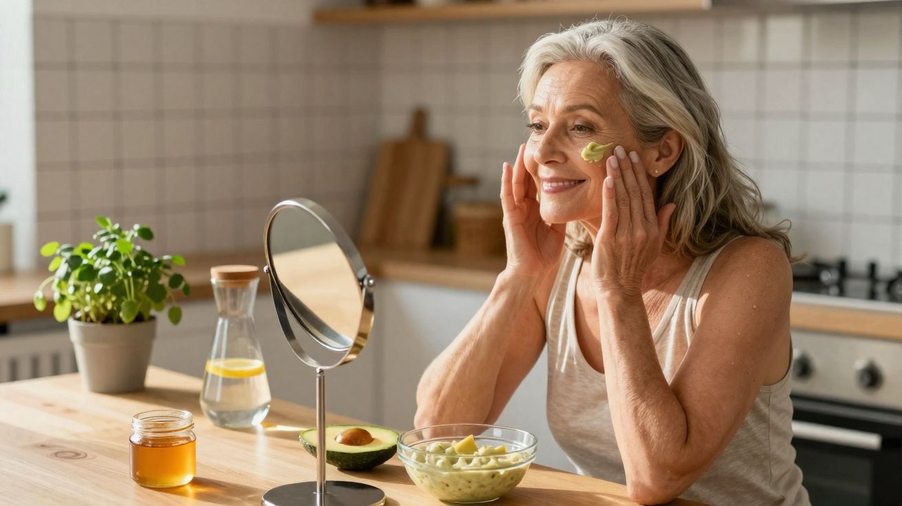 Mujer mayor aplicándose mascarilla facial de aguacate en la cocina con espejo y tarros delante.