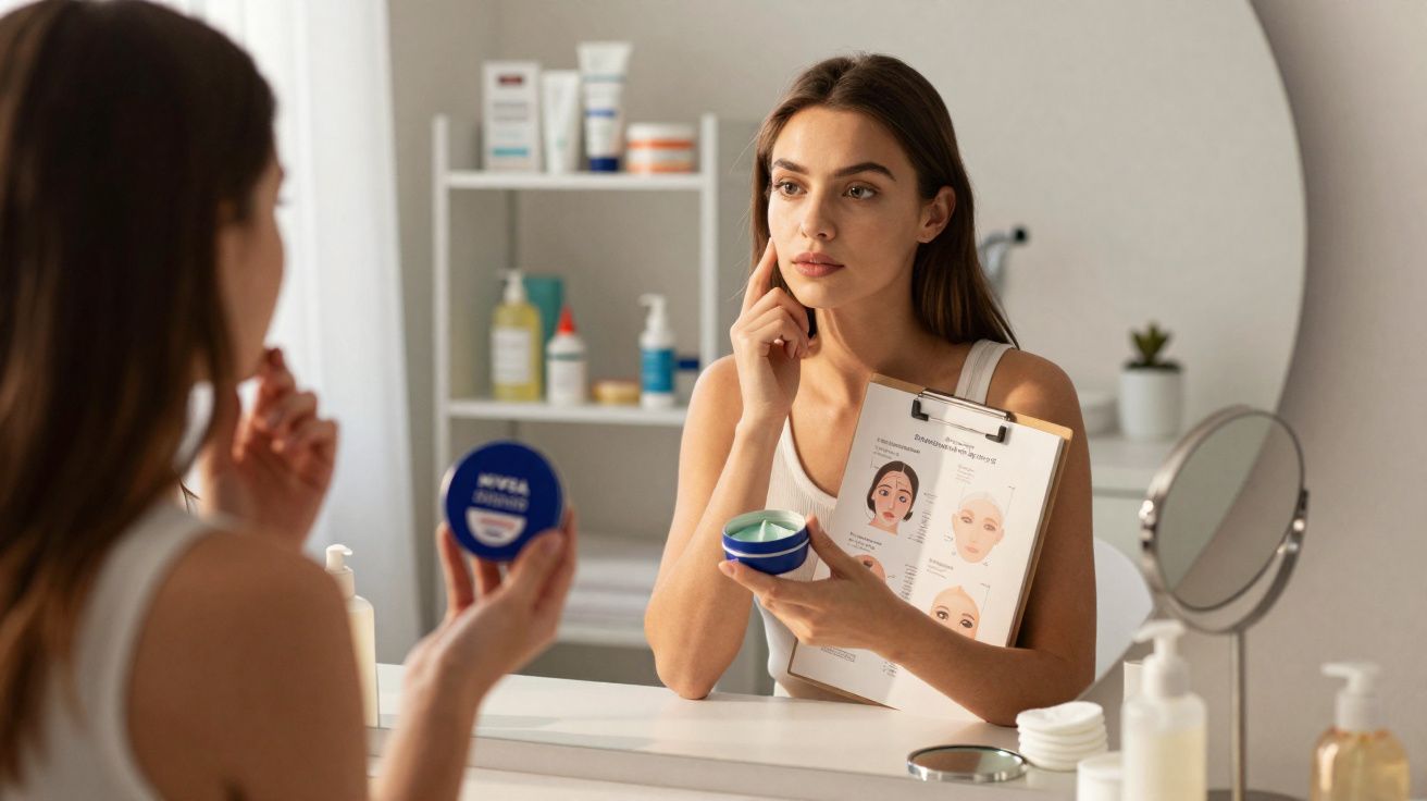 Mujer aplicándose crema facial frente a un espejo, con una guía de cuidado de la piel en la mano.