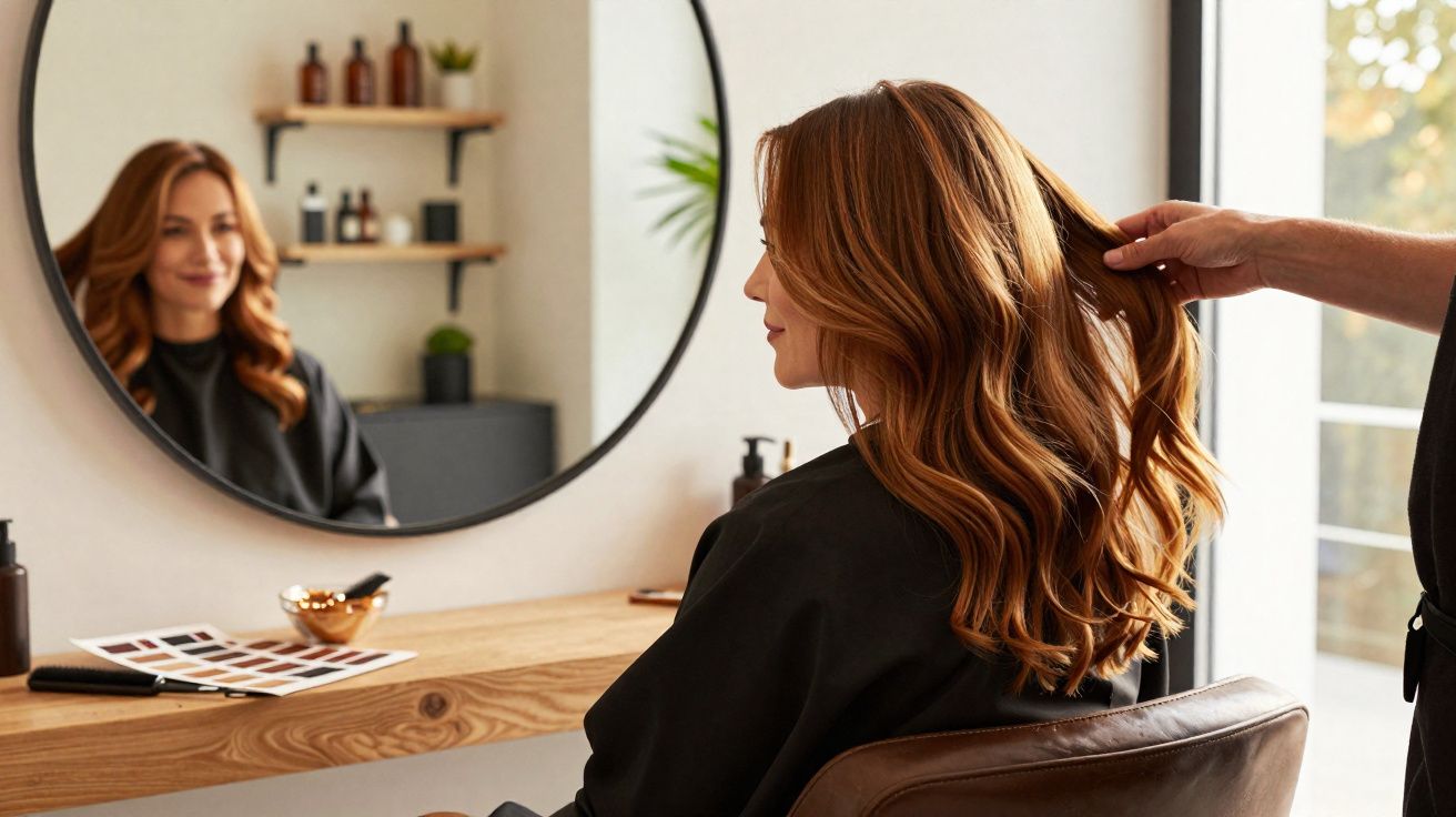 Mujer con cabello largo y ondulado sentada en peluquería mientras le arreglan el cabello frente a un espejo.