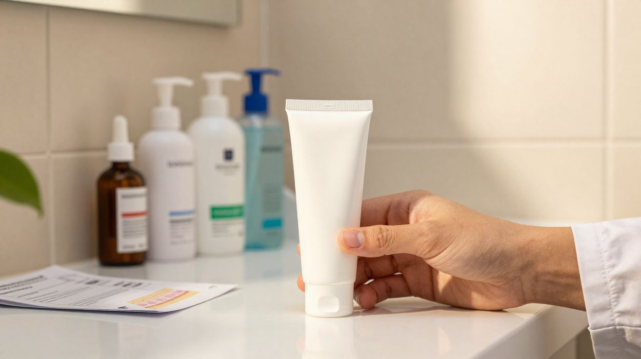 Mano sosteniendo un tubo blanco de crema sobre un lavabo con varios frascos y papeles al fondo.