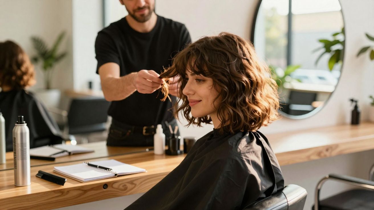 Mujer con cabello rizado en peluquería mientras estilista le arregla el pelo frente a un espejo redondo.