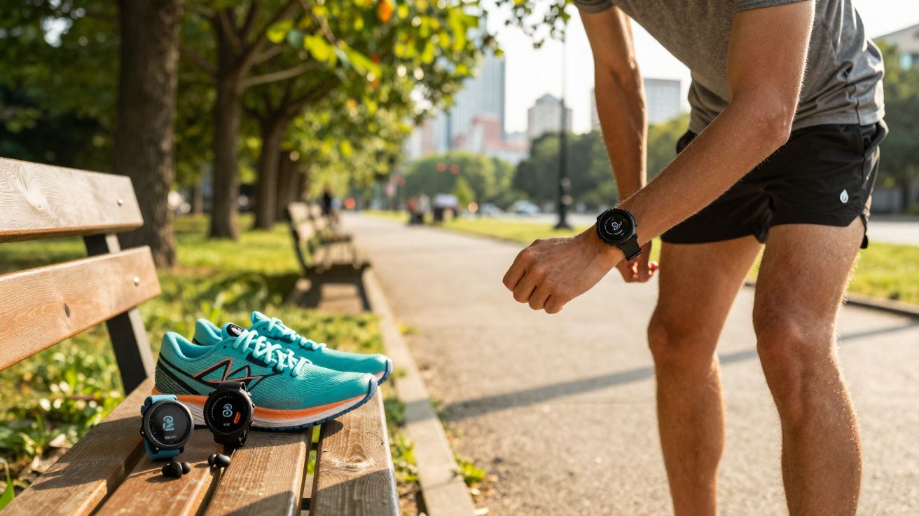 Hombre en ropa deportiva consultando un reloj inteligente junto a unas zapatillas y dispositivos sobre un banco en un parque.