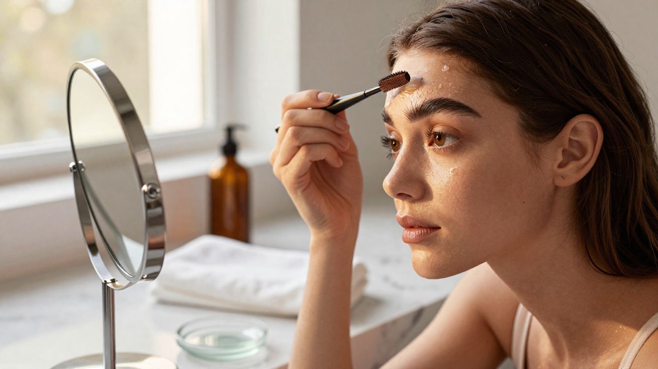 Mujer aplicándose maquillaje en las cejas frente a un espejo en un baño luminoso.