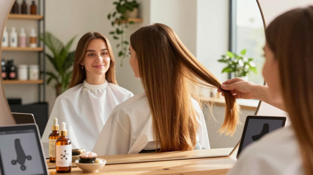 Mujer en peluquería sentada frente a espejo mientras estilista examina su cabello largo y liso.