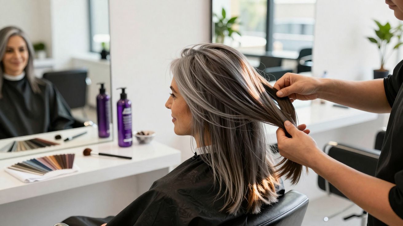 Mujer con melena gris en peluquería mientras estilista examina su cabello frente al espejo.
