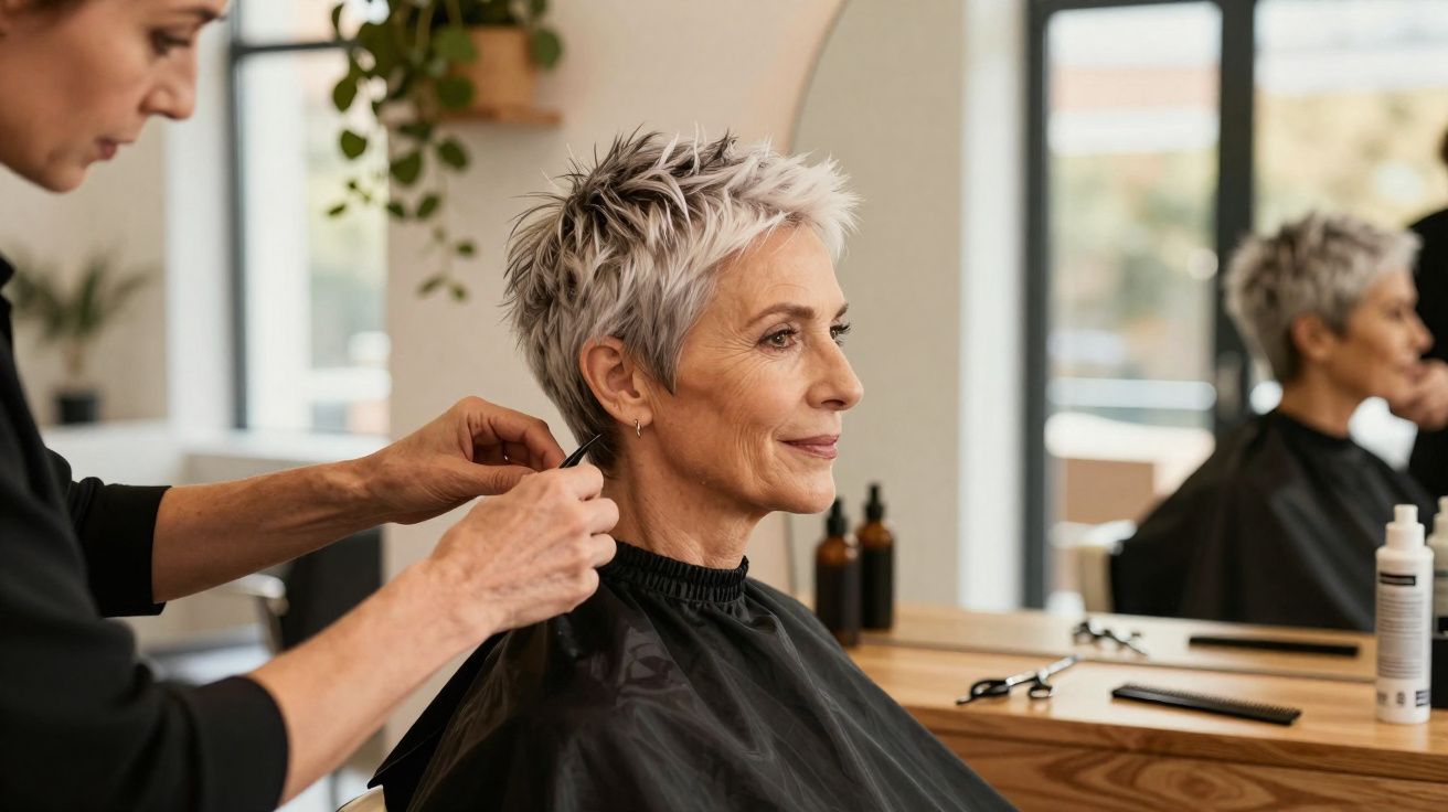 Mujer mayor con cabello corto y canoso recibiendo corte de pelo en una peluquería moderna.