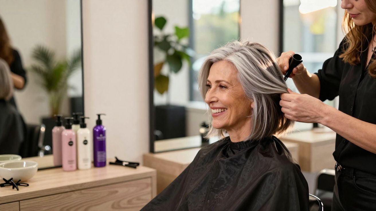 Mujer mayor con cabello gris recibiendo tratamiento capilar en peluquería, sonriendo mientras estilista trabaja.