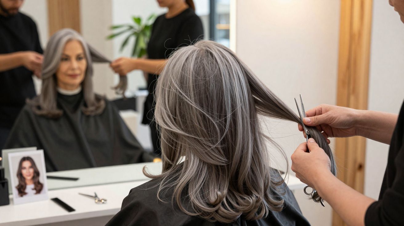 Cliente con cabello canoso recibiendo corte de pelo en salón de belleza moderno.