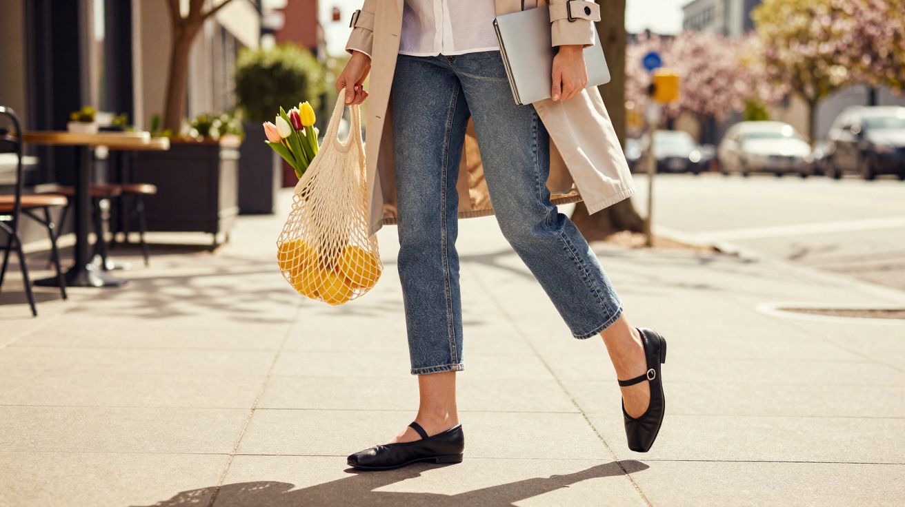 Persona caminando por la acera con bolsa de malla con flores y naranjas y un portátil bajo el brazo.