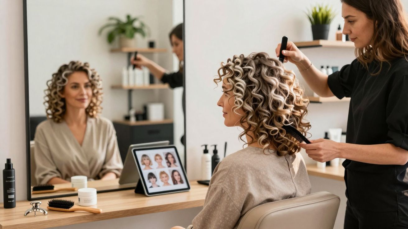 Mujer con rizos dorados peinada por peluquera en salón con espejo y tablet con opciones de estilos.