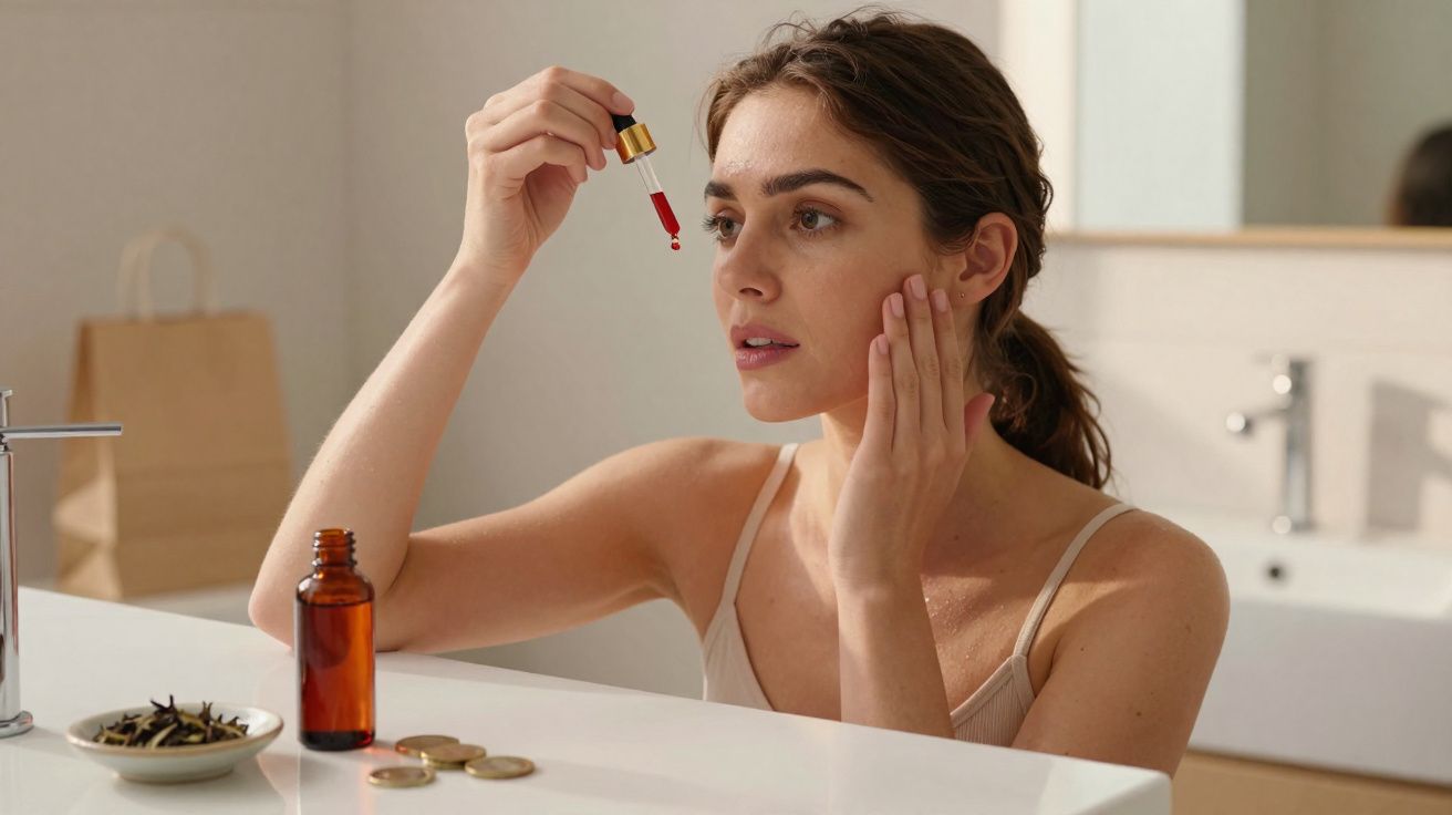 Mujer aplicándose sérum facial con cuentagotas en el baño, frente a un espejo.