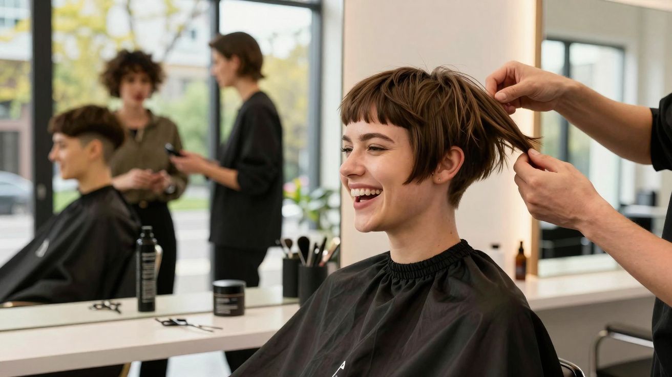 Mujer sonriente con corte de pelo corto en peluquería mientras le arreglan el cabello.