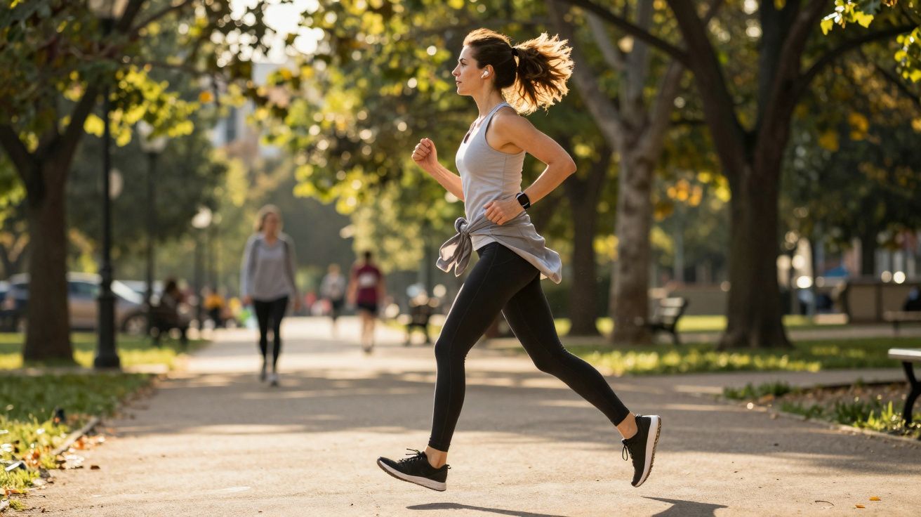 Mujer joven corriendo en parque soleado con árboles y personas al fondo.