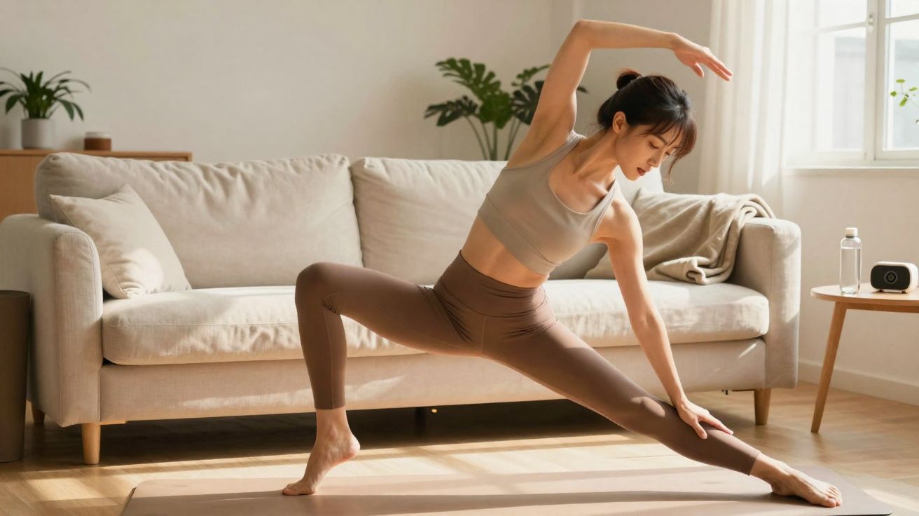 Mujer haciendo estiramientos de yoga en la sala de estar junto al sofá con luz natural.
