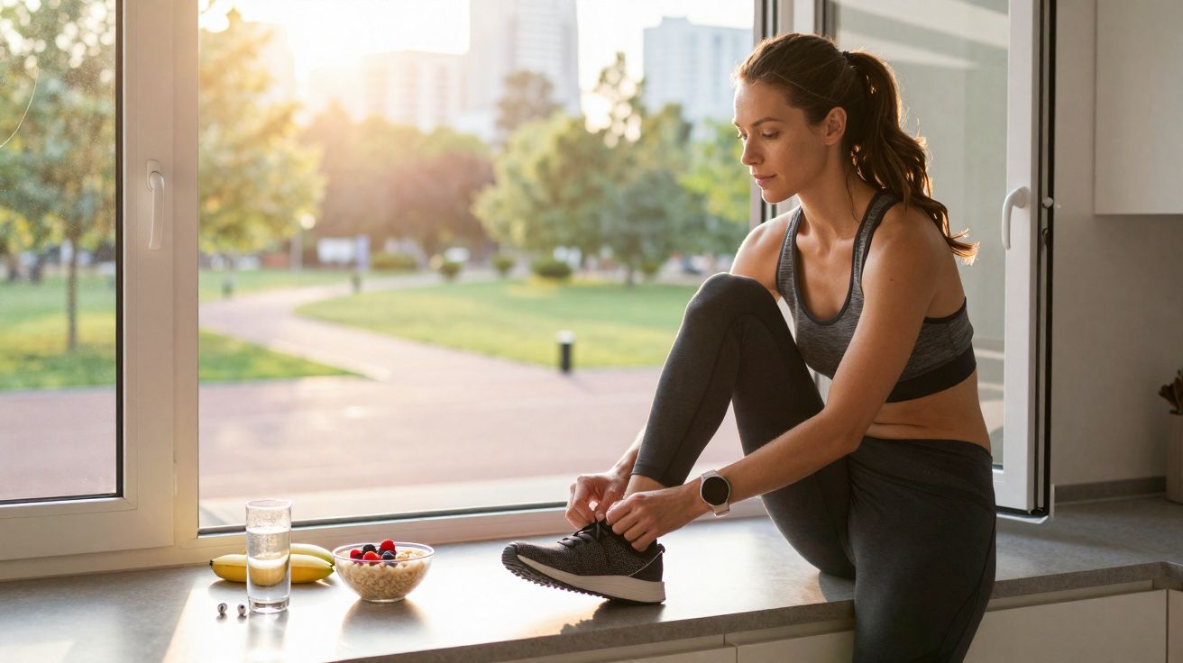 Mujer con ropa deportiva atándose las zapatillas junto a ventana con desayuno saludable y parque al fondo.