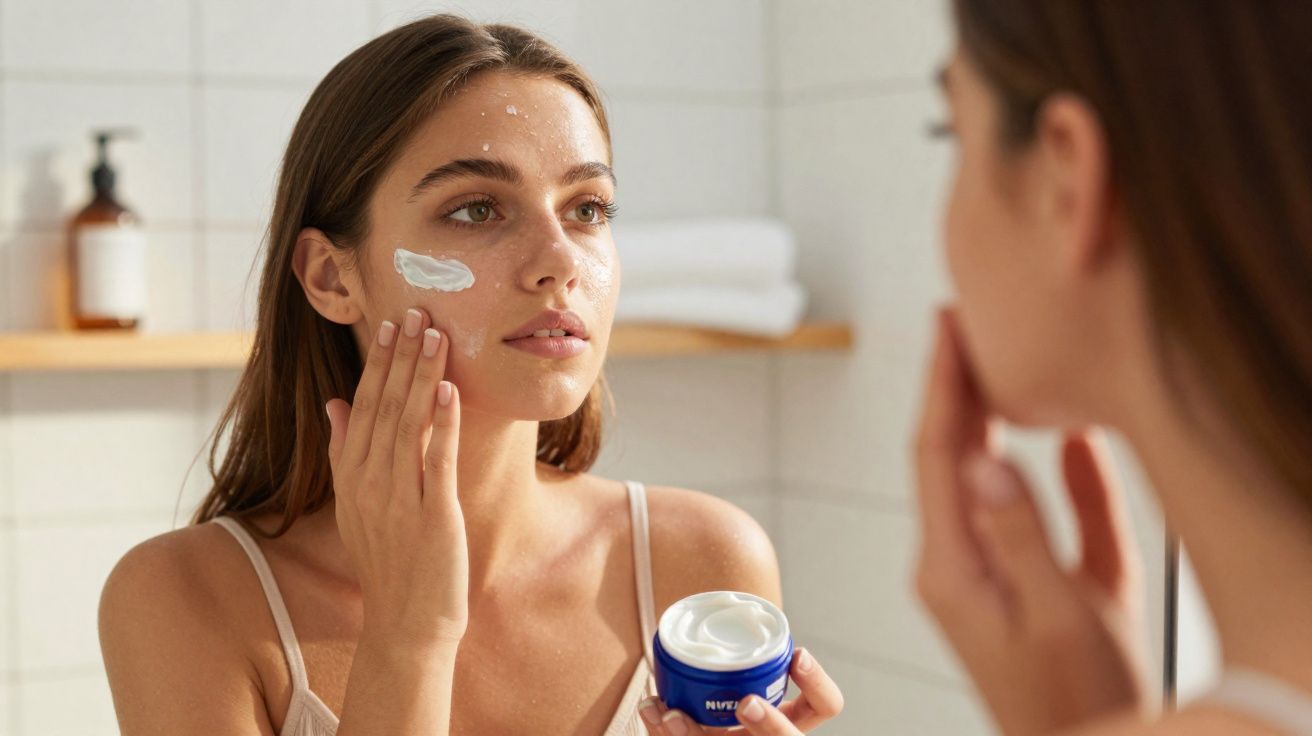 Mujer joven aplicándose crema facial frente al espejo en el baño, con bote azul en la mano.